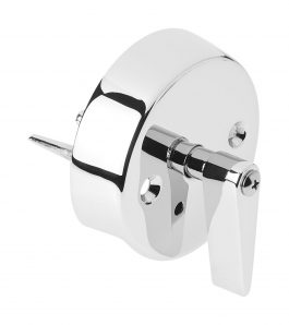Chrome wall-mounted toilet paper holder with a spindle.