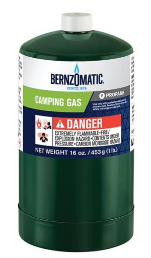 A green Bernzomatic propane camping gas canister with warning labels.