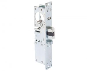 A silver door lock mechanism isolated on a white background.