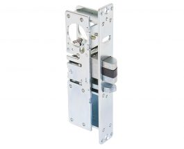 A silver metal door lock mechanism isolated on a white background.