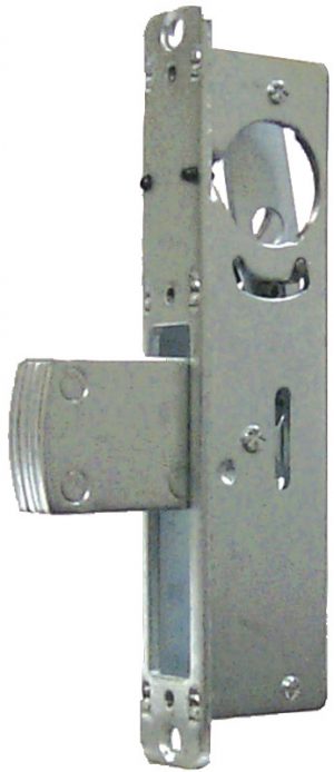 A silver tubular door latch isolated on a white background.