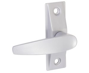 Silver window handle mounted on a white plate, isolated on a white background.