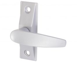 Silver door lever handle mounted on a white plate against a white background.