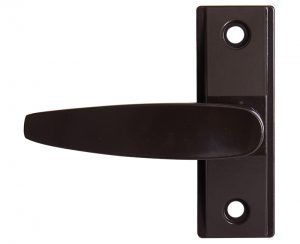 A modern black door lever handle on a white background.