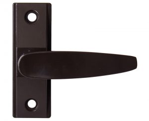 A modern black door handle on a matching backplate, isolated on a white background.