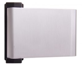 Silver external hard drive with black ends on a white background.