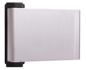 Silver external hard drive with black ends on a white background.