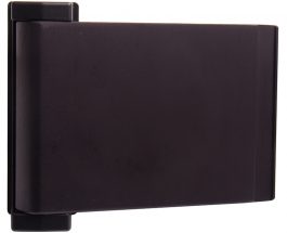 Black external hard drive with visible hinges on white background.