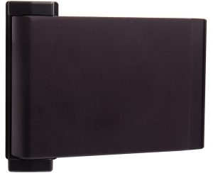 Black external hard drive with visible hinges on white background.