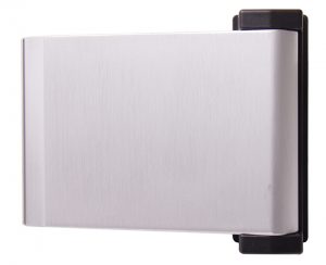 Silver external hard drive in a horizontal position against a white background.