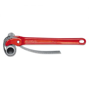 A red Ridgid brand strap wrench tool with a silver strap and adjustment mechanism.