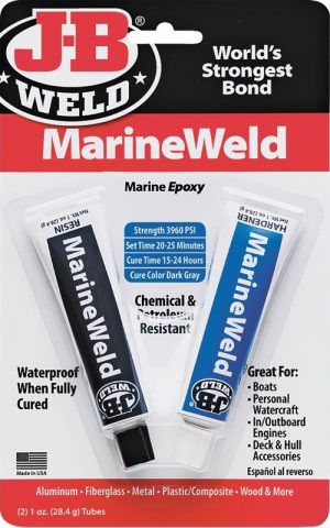 Packaging of JB Weld MarineWeld marine epoxy, highlighting strength, cure time, and water resistance.