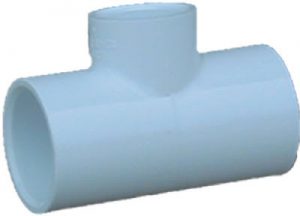 Blue PVC pipe tee connector on a white background.