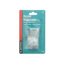 Keyed hasp lock in packaging on white background.