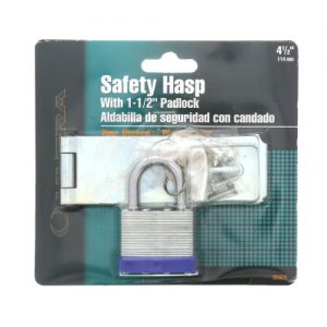 Packaged safety hasp and padlock on a retail card.