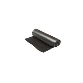 A roll of black plastic sheeting partially unrolled on a white background.