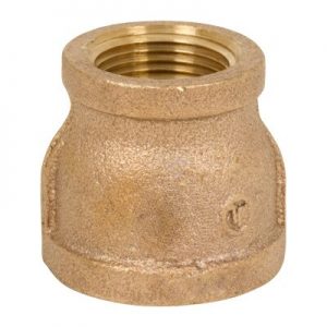 A brass pipe coupling with female threads on a white background.