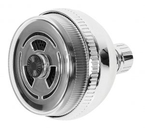 A chrome showerhead with a detailed nozzle and a knurled grip edge.