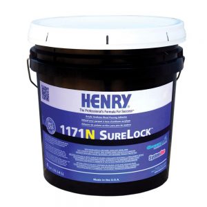 A bucket of HENRY 1171N SURELOCK acrylic urethane wood flooring adhesive.