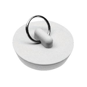 A white rubber sink stopper with a metal ring on white background.