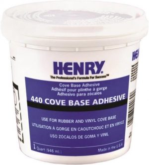 Container of Henry Cove Base Adhesive labeled for rubber and vinyl base, 1 quart size.
