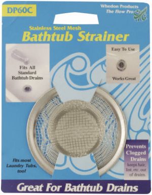 Packaging of a stainless steel mesh bathtub strainer with product features.