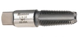 A metal pipe threading tap tool with specification marking "1/4-18 NPT HS-USA."
