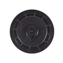 A black round plastic lid with a central protrusion and concentric circles on its surface.