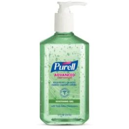 A bottle of Purell Advanced hand sanitizer gel with pump dispenser.