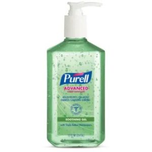 A bottle of Purell Advanced hand sanitizer gel with pump dispenser.