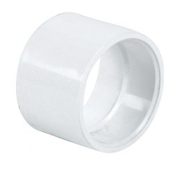 White PVC pipe coupler on a white background.