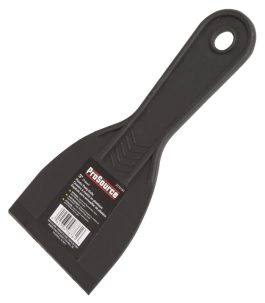 A black plastic putty knife with product label displayed.