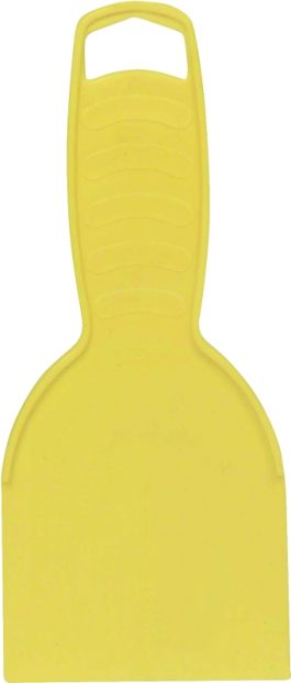 A yellow plastic putty knife with a grip handle on a white background.