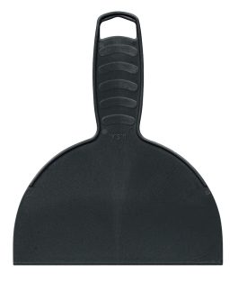 A black plastic dustpan isolated on a white background.