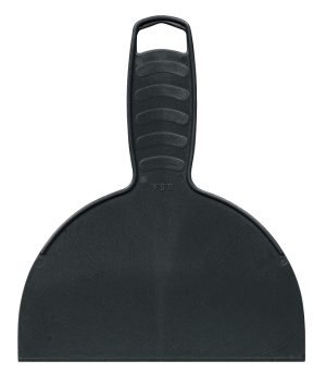 A black plastic dustpan isolated on a white background.
