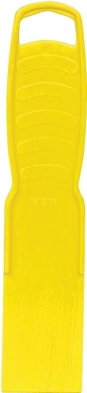 A yellow plastic putty knife with textured grip and hanging hole.