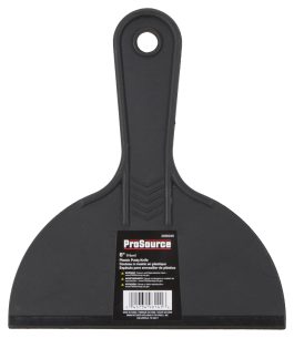 A black plastic putty knife with product label on a white background.