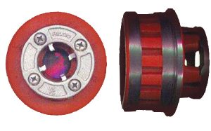 Red and black mechanical skateboard wheel bearings on a white background.