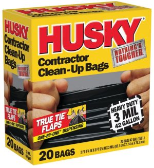 Box of Husky brand heavy-duty contractor clean-up bags.