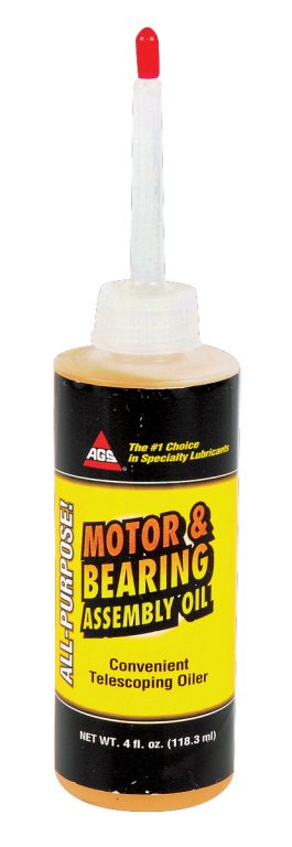 A bottle of motor and bearing assembly oil with a telescoping oiler.