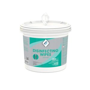 Container of lemon-scented disinfecting wipes with one wipe pulled out from the top.
