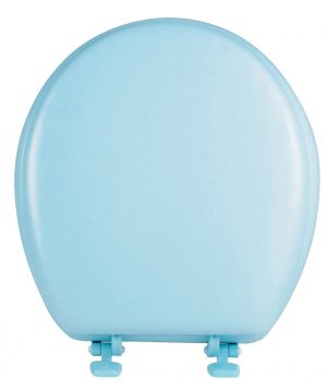 A light blue, closed toilet seat isolated on a white background.