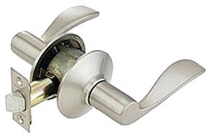 Stainless steel door handle and lock mechanism against a white background.