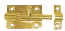 A gold-colored barrel bolt lock on a white background.