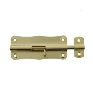 A gold-colored barrel bolt lock on a white background.