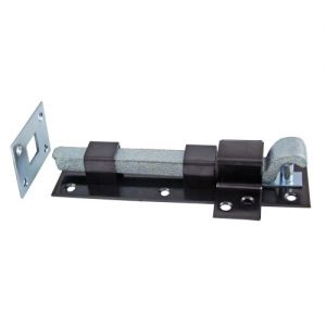 Heavy-duty sliding gate roller with metal bracket and rubber wheel on a white background.
