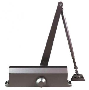 A silver manual door closer mechanism with an extended arm and adjustment valves.