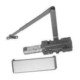 Door closer mechanism with arm and body isolated on a white background.