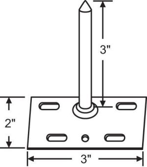 Technical drawing of a 3-inch nail anchored in a 2 by 3-inch metal plate with dimensions labeled.