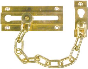 Brass safety hasp and staple with a swivel link chain on a white background.